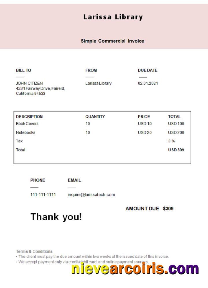 USA Larissa Library invoice